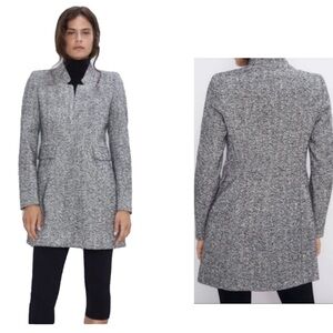 Zara women's gray herringbone blazer coat with mandarin collar & flap pockets S